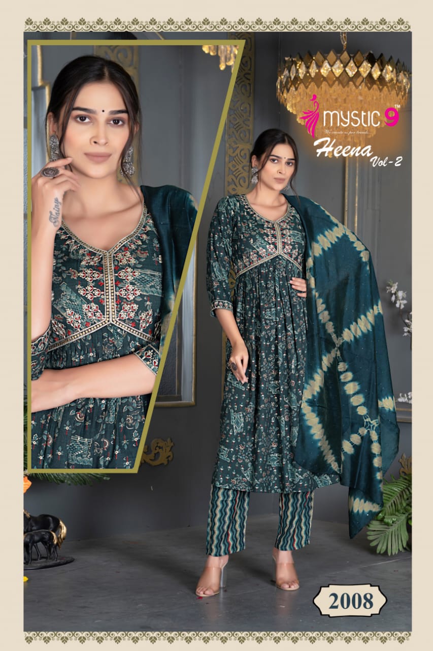 Heena Vol 2 By Mystic 9 Rayon Printed Embroidery Kurti With Bottom Dupatta Wholesale Shop In Surat